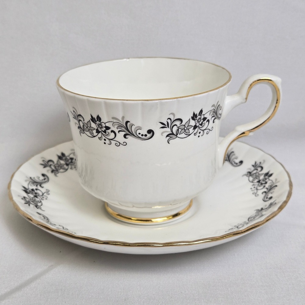 Royal Stafford Othello Bone China Cup & Saucer Made In England Floral Scroll Vtg